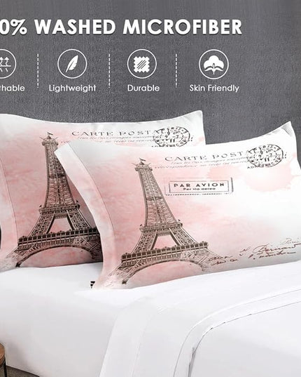 Twin Size Comforter Set with Pillowcase, Paris Eiffel Tower 2 Pcs Bedding for Kids and Adults, Beautiful Pink Place Soft Comforter Set for Bedroom Bed Decor