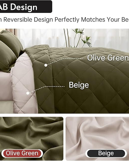 MUXHOMO 7 Pieces King Comforter Set, Reversible Bed in a Bag King Size, All Season Bedding Set with Comforter, Flat Sheet, Fitted Sheet, Pillowcases & Shams, Olive Green & Beige