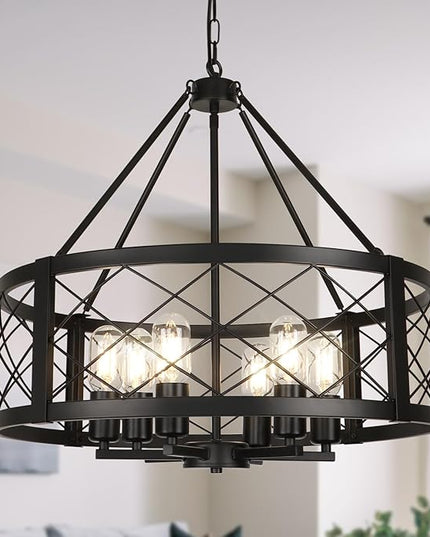 6-Light Black Rustic Drum Chandelier, 22.5” Modern Chandelier for Dining Room, Round Metal Hanging Light Fixture for Foyer, Entryway, Bedroom, Kitchen Island