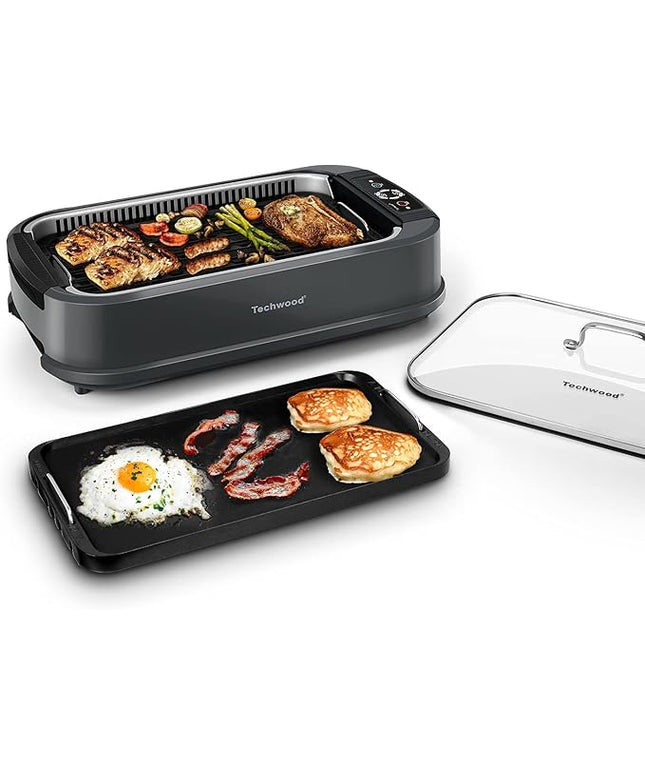Indoor Grill, Techwood 1500W Smokeless Electric Grill with 2 in1 Nonstick Grill/Griddle Plates, Portable Korean BBQ Grill with 6-Level Control, Glass Lid, Dishwasher Safe, Double Plates, Gray