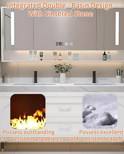 64IN Floor Standing Vanity Bathroom Double Sink - Double Sink Bathroom Vanities, Bathroom Wall Mirror Includes Smart Defogging & LED Lights | Splash Guard, Exquisite Handles (Beige)