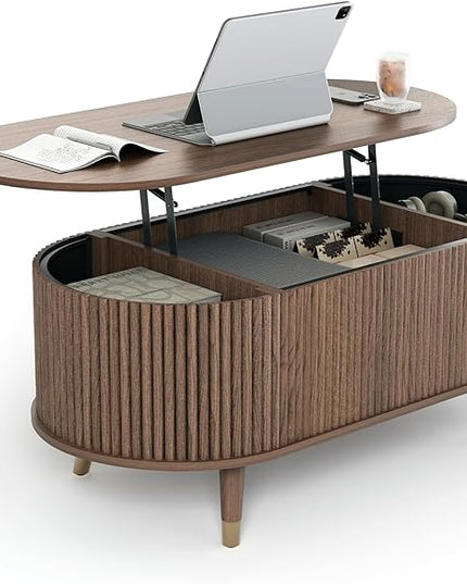 Oval Coffee Table with Storage, 42.5” Fluted Coffee Table with Lifting Top & Solid Wood Legs, Mid Century Modern Center Table for Living Room, Home Office, Walnut