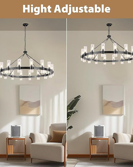 48 Inch Black Chandelier, Wagon Wheel Chandelier with Glass Shade, 16-Lights Large Round Modern Farmhouse High Ceiling Industrial Pendant Lighting Fixture for Dining Room, Living Room, Kitchen, Foyer