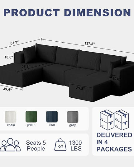 138" Boneless Couches for Living Room, Modular Cloud Couch Sofa - 5 Pieces U Shap Corduroy Sectional Sofa, Fluffy Memory Foam Sleeper Sofa Furniture, No Assembly, Wide Armrest, Black