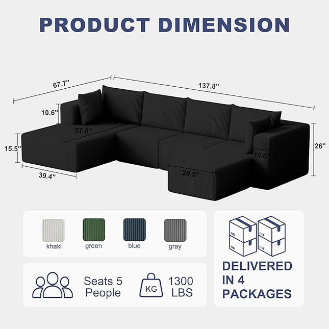 138" Boneless Couches for Living Room, Modular Cloud Couch Sofa - 5 Pieces U Shap Corduroy Sectional Sofa, Fluffy Memory Foam Sleeper Sofa Furniture, No Assembly, Wide Armrest, Black