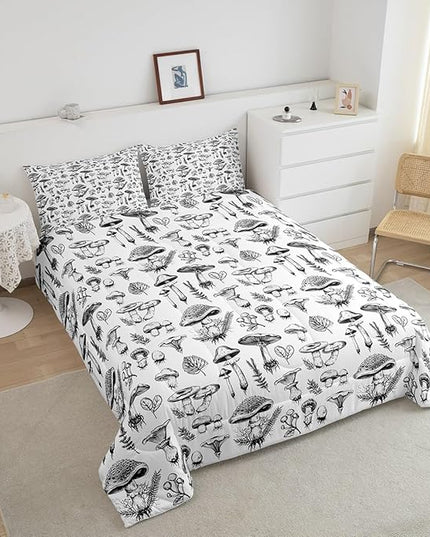 Mushroom Kids Comforter Set Queen Size,Abstract Hand Drawn Sketch Rustic Bedding Set,Boys Girls Room Decor,Botanical Plants Weed Flowers Down Comforter,Black White Retro Duvet Insert,2 Pillowcases