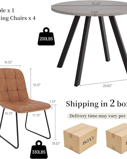 34.6'' Dining Table and Chairs for 4, Mid Century Modern Round Table Set, Space Saving for Apartment Kitchen Dining Room (Grey Table+4 U-Shaped Brown Chairs)