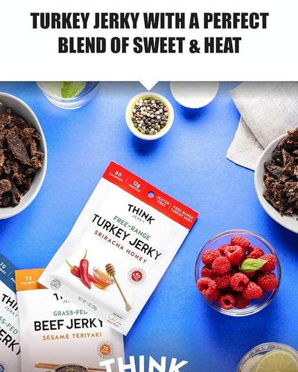 Think Jerky Sriracha Honey Turkey Jerky, High Protein Free-Range Turkey, Gluten Free, No Antibiotics or Nitrates, Healthy Chef Crafted Recipe, Low Calorie and Low Fat - 2.2 oz Bags, 4 Pack