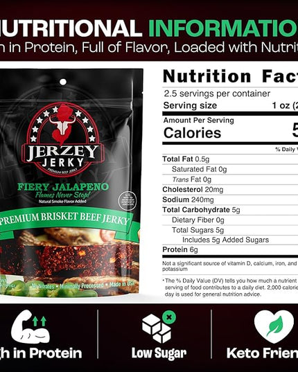 Jerzey Jerky Fiery Jalapeno Brisket Jerky 2.5oz (2 Pack) – High Protein, Gluten Free and Healthy Beef Snacks with Rich, Authentic Flavor