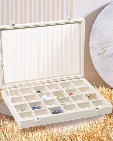 Stratalife Jewelry Organizer Jewelry Tray with Lid See-through Display Showcase Large Earring Organizer Velvet Storage Box for Earring Necklace Rings Dice Beige (24 Grids)