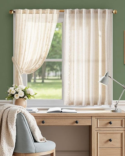 jinchan Winslow Linen Curtains 45 Inch Length Small Window Curtains Embroidered Bordered Floral Drapes Light Filtering for Bathroom Laundry Room Kitchen Farmhouse Decor White on Beige 2 Panels