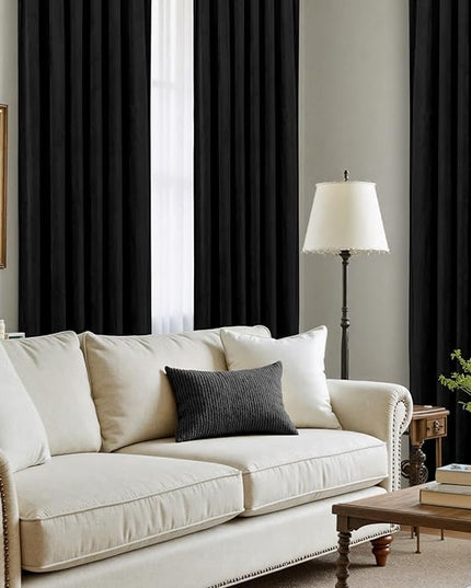 LAMIT Black Velvet Blackout Curtains 90 Inches Long, Luxury Thermal Room Darkening Panels for Bedroom Back Tab and Rod Pocket Soundproof Halloween Drapes for Living Room, 2 Panels, 52 x 90 Inch