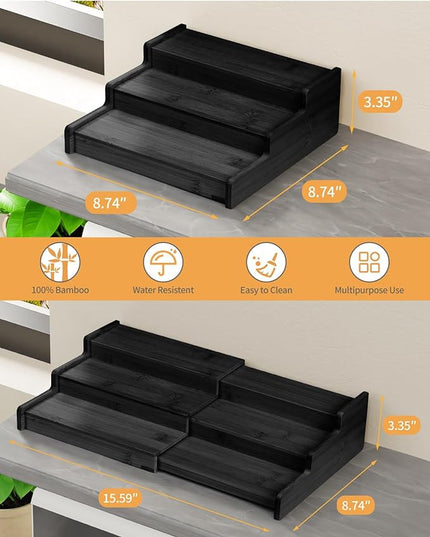Spice Rack, 3-Tier Expandable Bamboo Spice Rack Organizer for Cabinet - Kitchen, Pantry and Cupboard Storage Organizer-Black