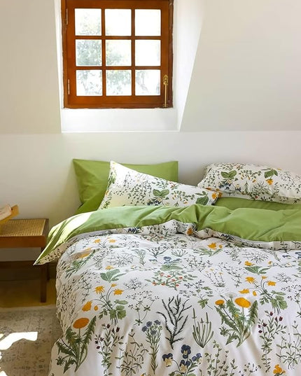 Houseri Green Floral Comforter Set Queen Yellow Small Flowers Botanical Bedding Sets Queen Teen Girls Women Rustic Green Leaves Boho Comforter Queen Size Farmhouse Bed Comforter Blanket Quilt Queen