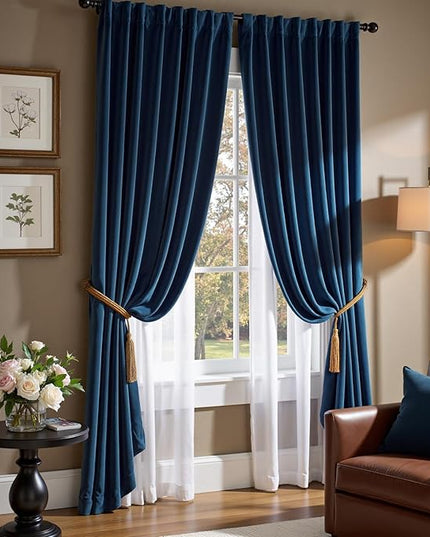 Lazzzy Velvet Blackout Curtains Thermal Insulated Room Window Drapes Super Soft Luxury Curtains for Living Room Bedroom Rod Pocket 2 Panels, Dark Blue, 52" W x 96" L