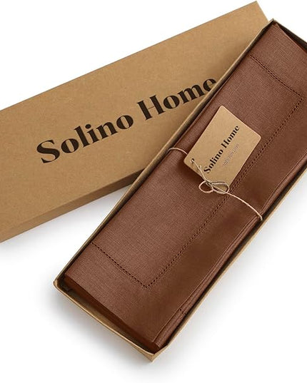 Solino Home Linen Placemats Set of 4 - Classic Hemstitch Brown Placemats 14 x 19 Inch - 100% Pure Linen Table Mats