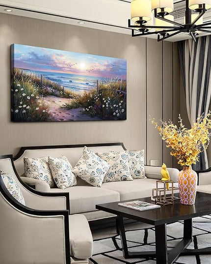 hyidecorart Canvas Wall Art For Living Room Wall DecorFor Bedroom Flower Beach Scenery Wall Painting Blue Ocean Pictures Artwork Office Decor Modern Framed Posters Home Decorations 20"X40"