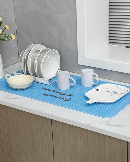 Silicone Dish Drying Mat for Multiple Usage,Easy clean,Eco-friendly,Heat-resistant Silicone Mat for Kitchen Counter or Sink,Refrigerator or Drawer Liner Light Blue 5XL 36inches x 18inches