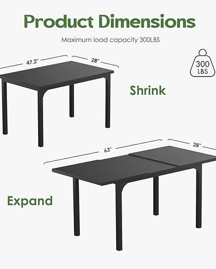 Extendable Dining Table, Modern Wooden Rectangle Kitchen Table for 4-8 People with Strong Metal Legs, Space Saving Expandable Dining Room Tables for Restaurant, Conference, Black