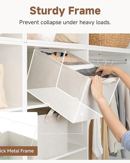 StorageWorks Storage Bins, Shelves Baskets for Organizing, 45L Extra Large Fabric Closet Organizers with Handles, Metal Frame, Beige（Cotton-linen）, 2-Pack