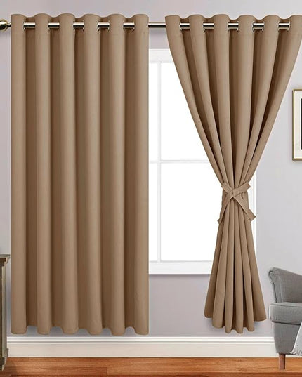 JIUZHEN Blackout Curtains with Tiebacks - Thermal Insulated, Light Blocking and Noise Reducing Grommet Curtains for Bedroom and Living Room, Set of 2 Window Curtain Panels, 70 x 84 Inch Length，Camel