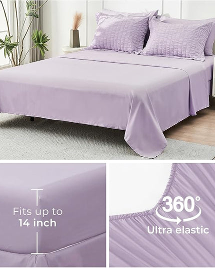 HYMOKEGE Lavender King Size Comforter Set Seersucker 7 Pieces, All Season Luxury Bed in a Bag for Bedroom, Bedding Set with Comforters, Sheets, Pillowcases & Shams