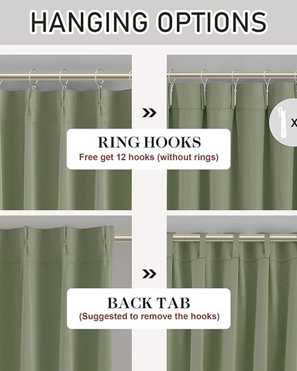 DONREN Sage Green Pinch Pleated Blackout Curtains with Hooks - 102 inch Length Room Darkening Thermal Insulated Window Curtain Panels for Living Room Bedroom 2 Panel 40" Wx102 L