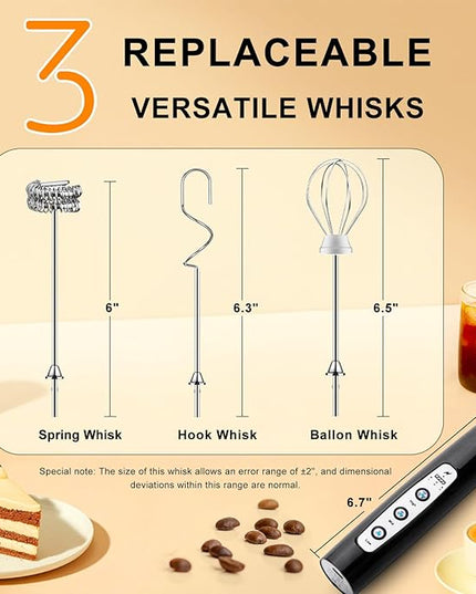 YUSWKO Handheld Milk Frother Wand for Coffee, Rechargeable Electric Whisk with 3 Heads 3 Speeds Drink Mixer Coffee Frother For Latte, Cappuccino, Hot Chocolate, Egg (Without Stand, Light Black)