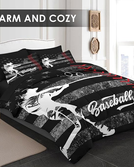 Comforter Set Full Size, Baseball American Flag 7 Pcs Bedding for Kids and Adults, America Athlete Sport Bed Sheet Sets with Fitted Sheet 2 Pillowcases & 2 Shams for Bedroom Bed Decor
