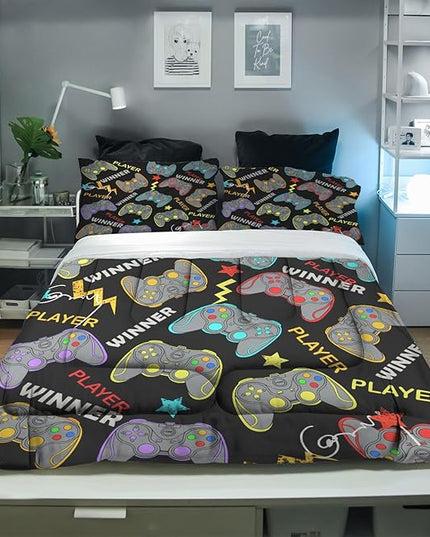 Sunnycitron Gaming Bedding Set Twin Comforter Set for Boys Gaming Comforter for Kids Teen Gaming Bed Video Games Quilt Game Home Decor (1 Comforter with 2 Pillowcase)
