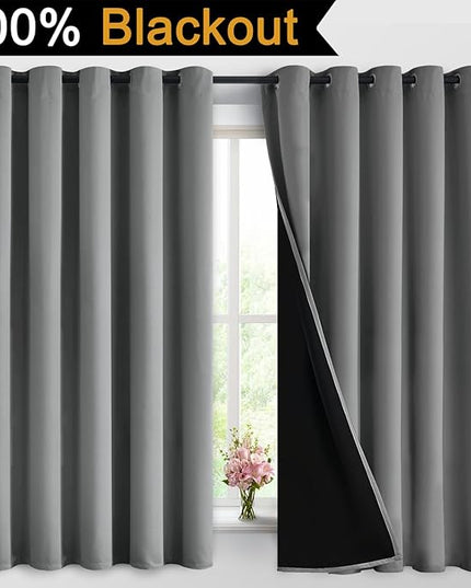 Yakamok 100% Grey Blackout Curtains for Bedroom, Light Blocking Thermal Insulated Noise Reducing Blackout Drapes for Living Room(62Wx63L, 2 Panels)