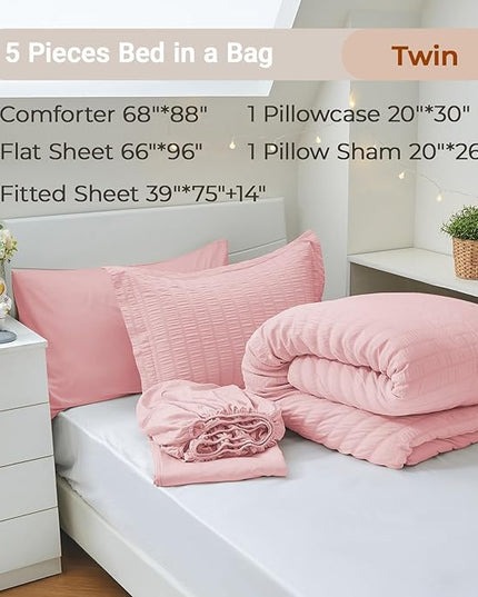 MUXHOMO 5 Pieces Twin Comforter Set, Seersucker Bed in a Bag Twin Size, All Season Luxury Bedding Set with Comforter, Flat Sheet, Fitted Sheet, Pillowcase & Sham, Pink