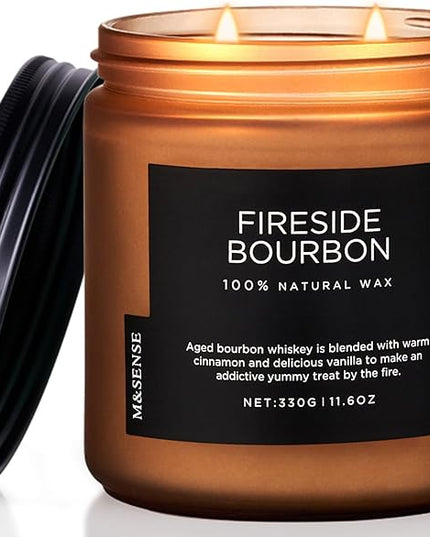 M&SENSE Fireside Bourbon Jar Candle, 11.6oz Clean Soy Wax Up to 70 Hours Burn Time Smoky Scent 2 Wick Cotton Fall Campfire Scented Candle for Home Decor Housewarming Gifts for Bathroom Office
