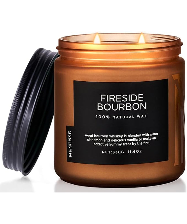 M&SENSE Fireside Bourbon Jar Candle, 11.6oz Clean Soy Wax Up to 70 Hours Burn Time Smoky Scent 2 Wick Cotton Fall Campfire Scented Candle for Home Decor Housewarming Gifts for Bathroom Office