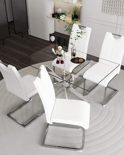 5 Piece Dining Table Table Set, Modern Tempered Glass Dining Table Set for 4 Kitchen Table Set with 4 Upholstered Chairs for Kitchen Dining Room (Sliver Table with White Hoop Leg Chairs)