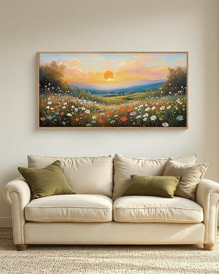 HOURIA Watercolor Sunset Floral Meadow Landscape Framed Canvas Wall Art Set,Boho Vibrant Colorful Wildflower Decor,Modern Nature Inspired Scenery Artwork for Living Room,Bedroom,Farmhouse-20 x40 x1