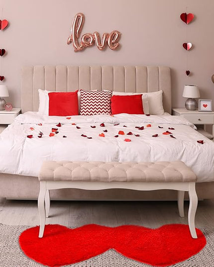 Hoolerry Valentines Heart Rug Double Heart Shaped Bathroom Rug Decorative Non Slip Doormat Washable Love Shag Shower Mat Home Bedroom Living Room 15.75 x 31.5 Inch(Red)