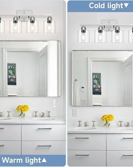 Modern Brushed Nickel 4 Light Bathroom Light Fixtures, 24 inch Vanity Lights for Bathroom with Clear Glass, Vanity Lights for Mirror Kitchen Living Room Hallway Cabinet Porch