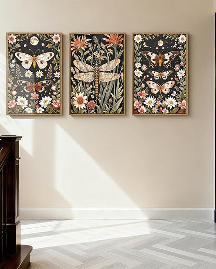 ANHUIB William Morris Wall Art 16x24 Inch Vintage Floral Wall Decor Framed Butterfly Dragonfly Prints Nature Botanical Animal Artwork Set of 3 for Living Room Bedroom Office