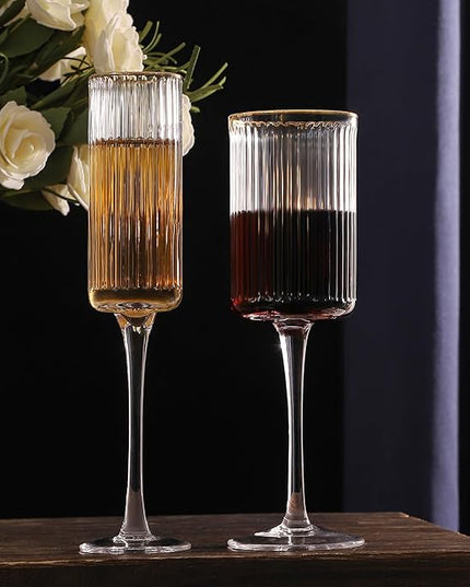 Lysenn Vintage Glassware Set - Ribbed & Fluted Wine, Champagne, Whiskey & Highball Glasses for Wedding or Party, Set of 4