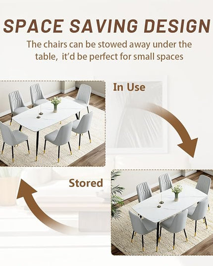 7 Piece Modern Dining Set, 62'' Sintered Stone Dinner Table for 6, 6 Chairs, Easy to Assemble