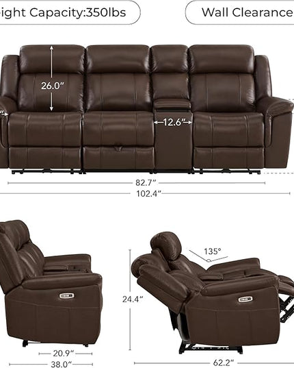 CHITA Genuine Leather Power Recliner Sofa, Wall Hugger Reclining Sofa with Drop Down Table, Console, Power Headrest, Drawers, Charging Ports, Reclining Sectional Couch for Living Room, RV, Dark Brown
