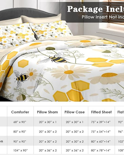 Comforter Set King Size, Bees Honey Flower 7 Pcs Bedding for Kids and Adults, Spring Floral Summer Bed Sheet Sets with Fitted Sheet 2 Pillowcases & 2 Shams for Bedroom Bed Decor