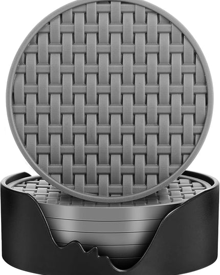 Gray Silicone Coasters with Holder, 4 Inches Non-Slip Heat Resistant Cup Mats, Decorative Waterproof Round Coaster Set of 6 for Home, Kitchen, Office, Bar, Coffee Table