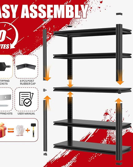 78" H Garage Shelving, Metal Storage Shelves, 3000LBS Heavy Duty Shelving, Adjustable 5 Tier Storage Rack, Industrial Utility Shelf for Garage, Warehouse, Kitchen,18" D×47.5" W×78" H, Black