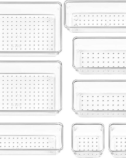 8 Pack Clear Drawer Organizer, 4 Sizes Organization and Storage Trays, Drawer Organizer Bins for Kitchen, Vanity, Bathroom, Office