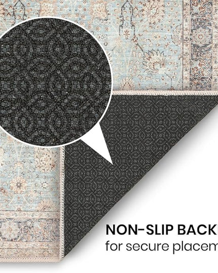 GLN Rugs Traditional Collection - Machine Washable Area Rug, Traditional Washable, Non Slip, Low Pile Chenille Rug, Living Room, Bedroom, Kitchen Rug (5'3" Round Blue Floral)