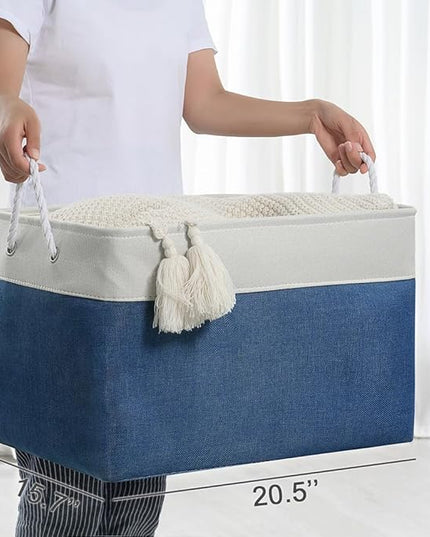 TheWarmHome Organization and Storage Basket for Shelves - Jumbo 3 Pack 20x16x14 inch Collapsible Storage Bins for Organizing, Canves Storage Cubes for Gift Organizer Toys Closet (White & Jean Blue)