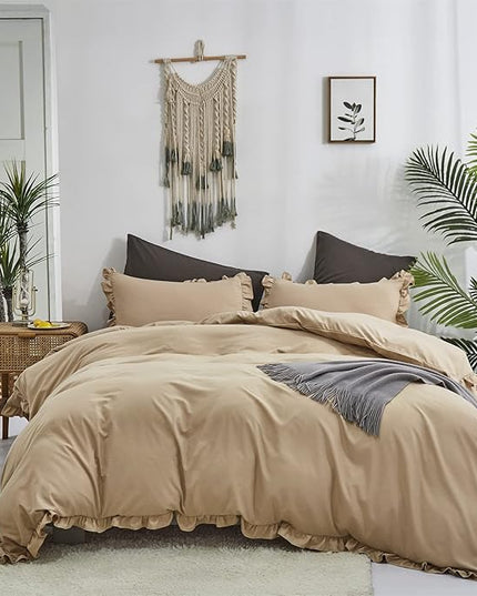 CLOTHKNOW Champagne Ruffles Queen Comforter Set 3Pcs Farmhouse Bedding Comforter Sets Soft Tan Comforter Khaki Comforter with 2 x Pillow Cases