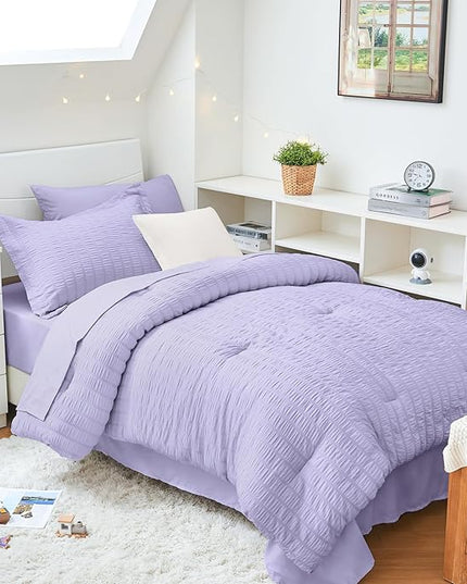 HYMOKEGE Light Purple Twin XL Comforter Set Seersucker 5 Pieces, All Season Luxury Bed in a Bag for Bedroom, Bedding Set with Comforter, Sheets, Pillowcase & Sham